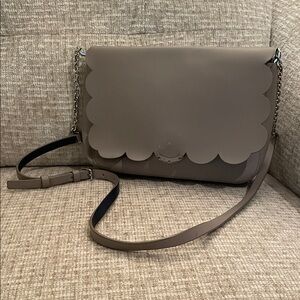 Kate Spade ♠️ Leather Elegant Gray Scalloped Crossbody Bag w/ Silver Chain, Flaw